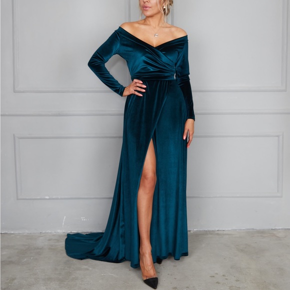 ❗️NEW❗️Dark Teal Off Shoulder Velvet Wrap Maxi Dress - Picture 12 of 16